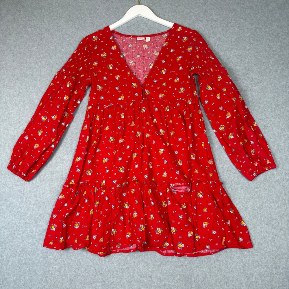 Billabong x Wrangler Red Floral Smocked Long Sleeve Mini Dress S Cowgirl Western